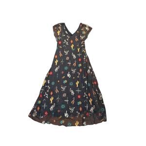 Johnny Was Jade Gray Mesh Desert Cactus Western Embroidered Maxi Dress Medium